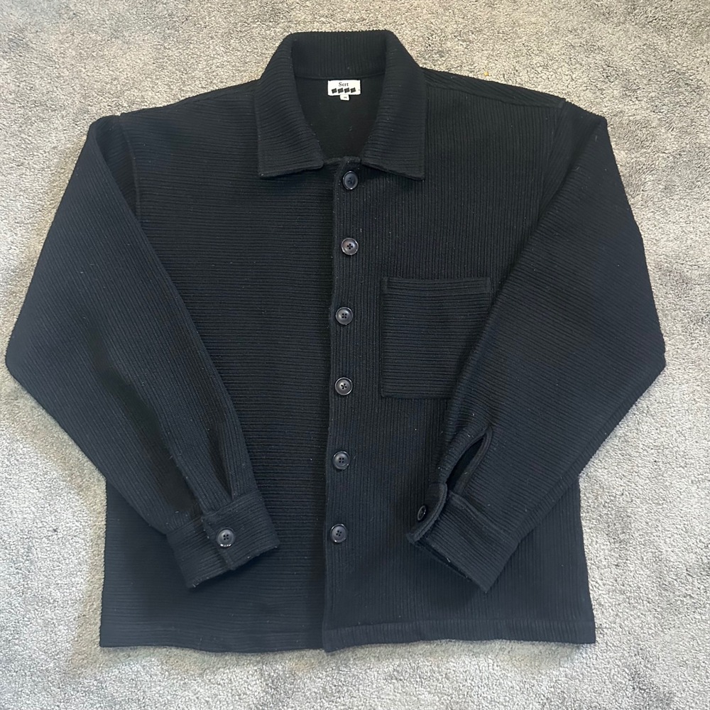 SCRT Shirt Jacket Mens Medium Black Wool Blend Ribbed Texture Button Front